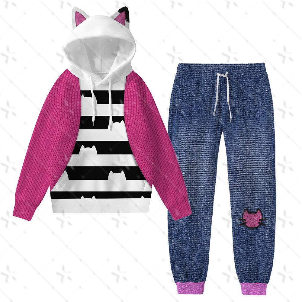 Zestaw bluzy z kapturem i bluzy z uszami kota Gabby's Dollhouse - Unisex, uroczy styl