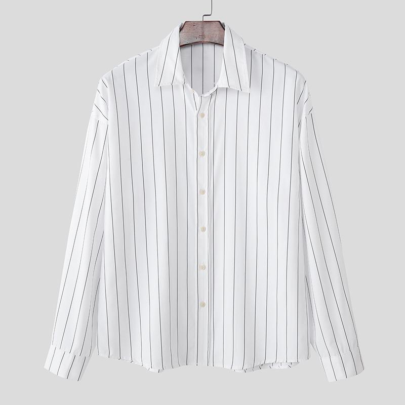 INCERUN Oversized Men Shirts Long Sleeve Lapel Striped Print Casual Loose Tops