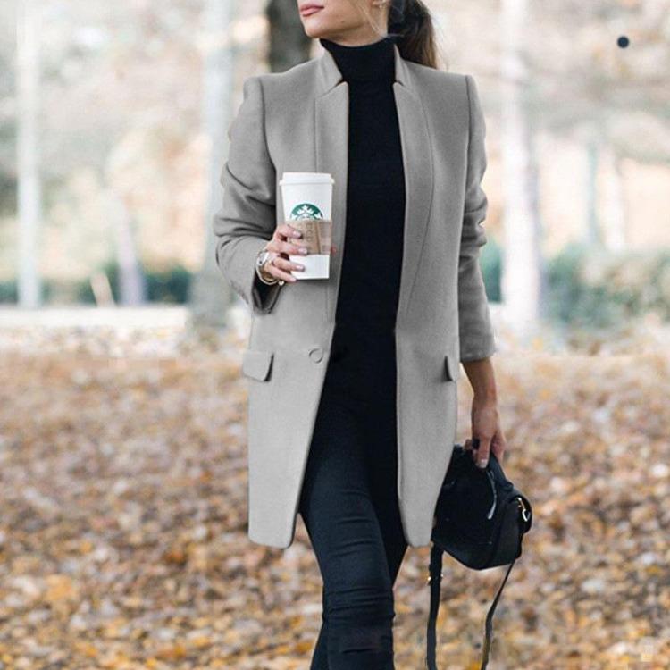 Women's Slim Woolen Coat Stand Up Collar European American Style 2020