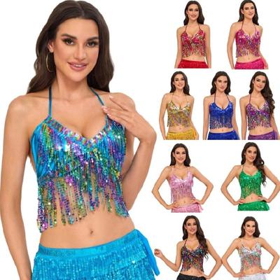 Belly Dance Glitter Bra Top Sequins Fringes Tassels Bra Top Belly Dance Costume Halloween Stage Performances Costume