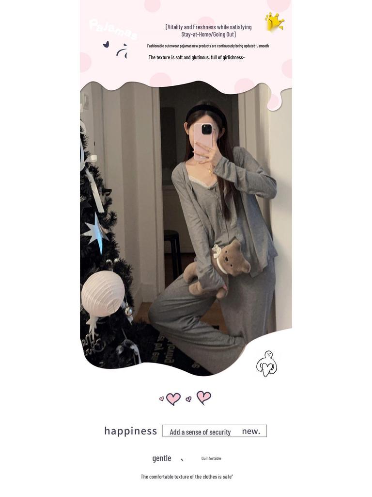 Women's Ins Camisole Three-Piece Set: Long Sleeve Top & Pants | Loose Korean-Style Autumn/Winter Home Wear