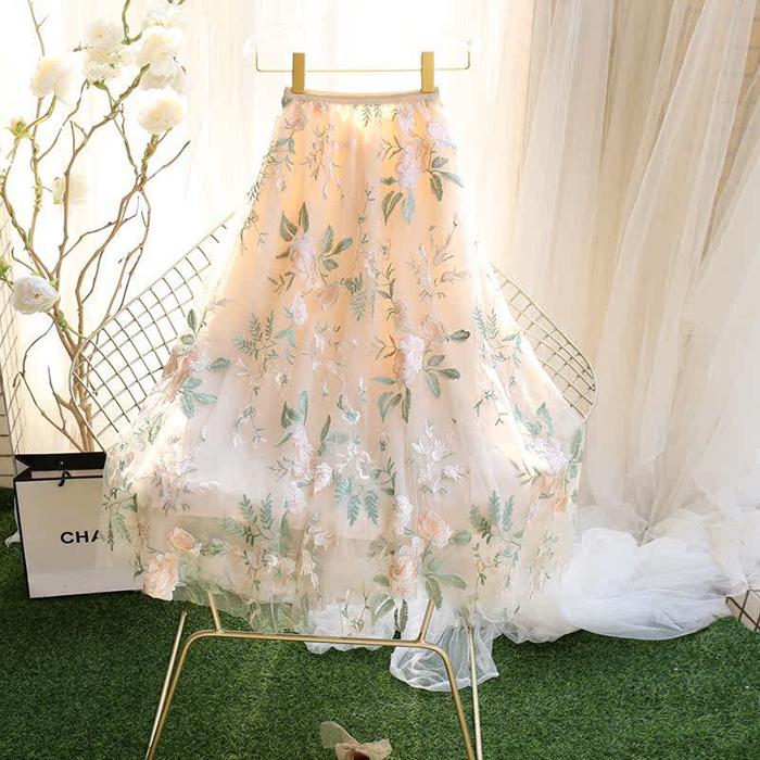Women Spring Fall High Waist All Match Embroidery Flower Mesh A Line Skirt
