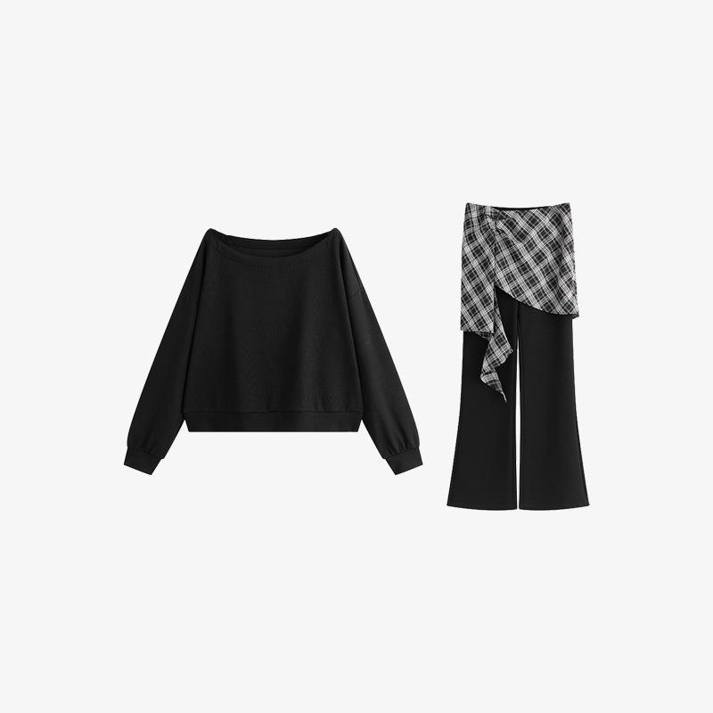 

Комплект из топ с открытыми плечами и повседневных брюк большого размера на весну 2026 года - Стройнящий свободный крой, комплект из двух предметов для женщин XL (120-150 jin) чёрный