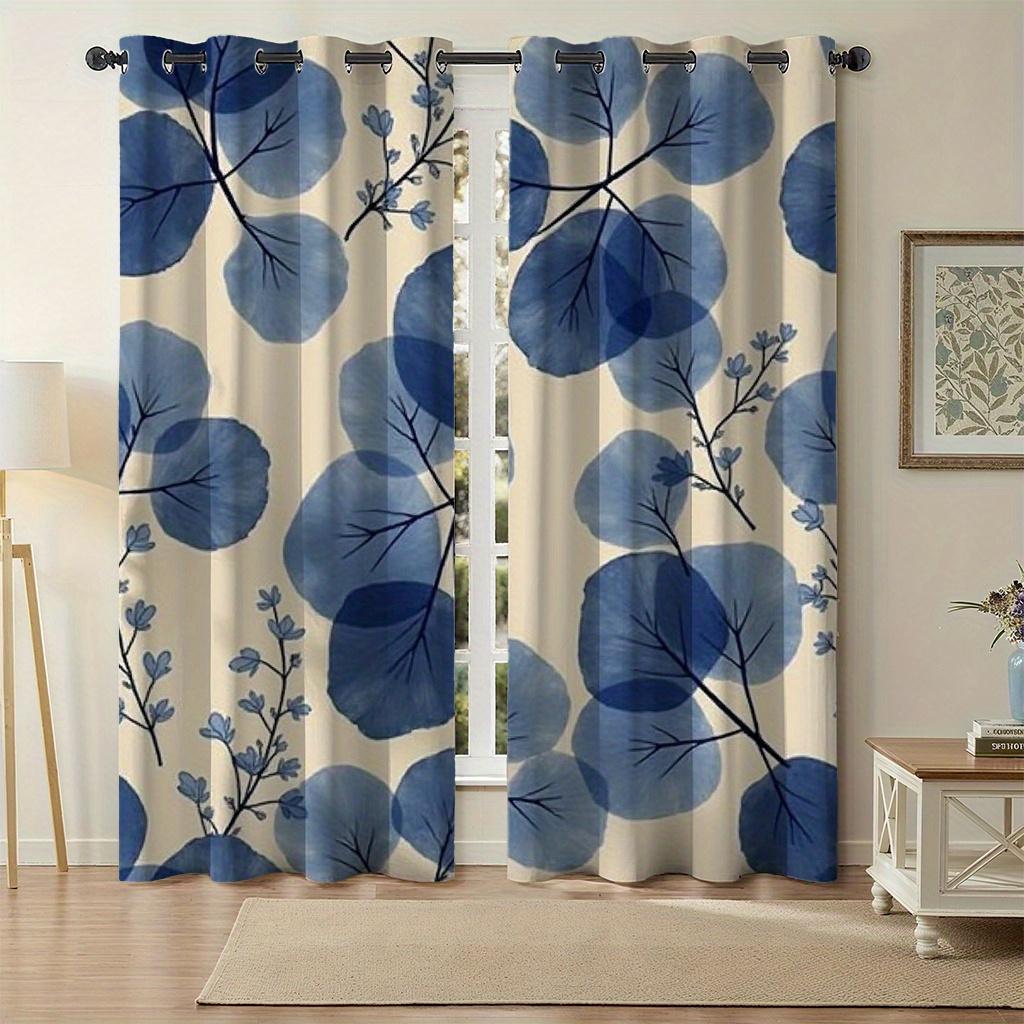 2 szt. Zasłony z nadrukiem niebieskich liści   Tkanina poliestrowa   Można prać w pralce   Nadają się do dekoracji sypialni salonu