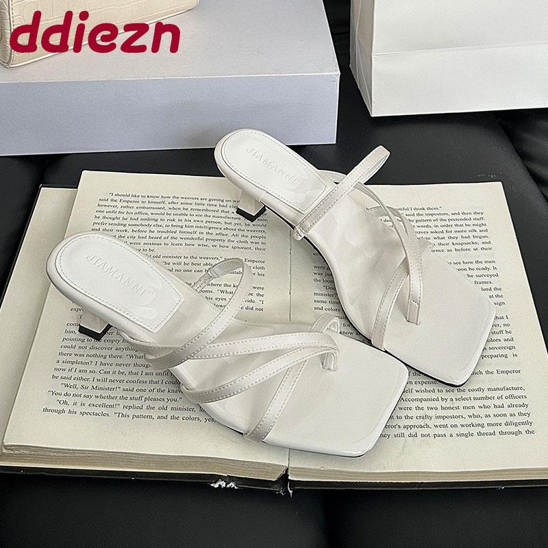 Fashion Fashion Square Toe Women Low Heel Sandals Slides Footwear Shallow Ladies Heeled Sandals Slippers Shoes Female Flip flops Pumps