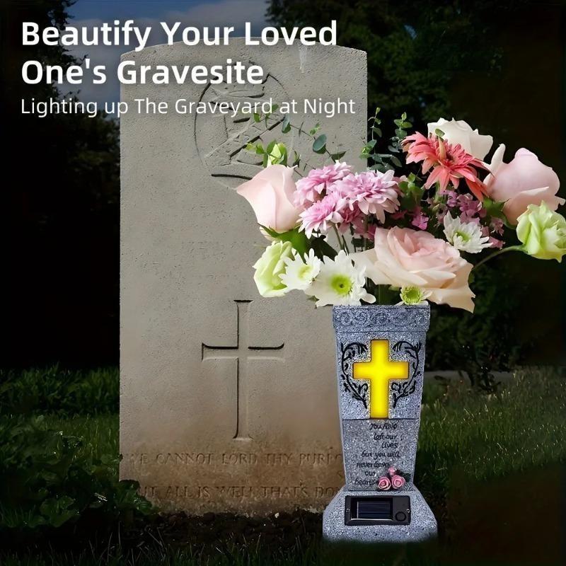 Waterproof Solar Light Cross Grave Vase, Solar Powered Weatherproof Cemetery Flower Holder for Pet & Human Headstones
