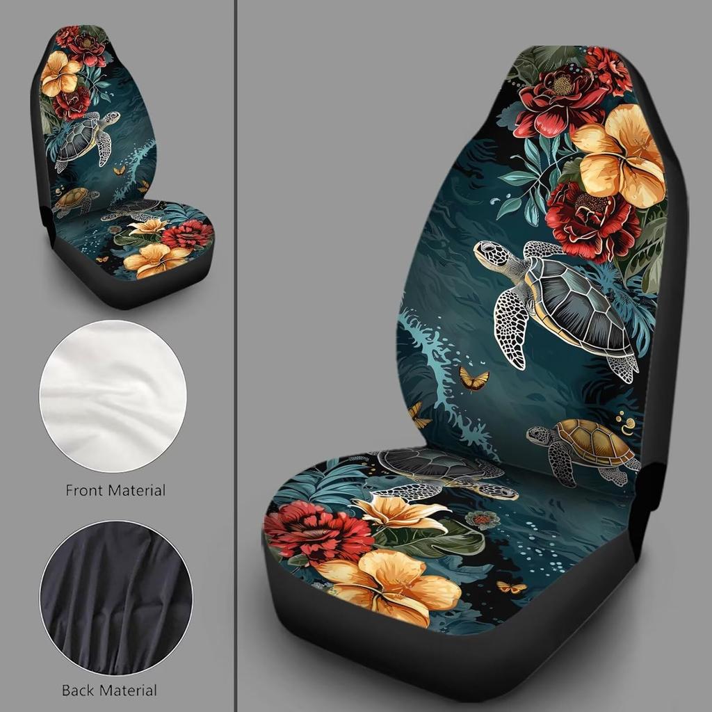 Bulopur Multicolor Polyester Universal Fit Car Truck SUV Van Automotive Seat Covers, 2pcs Front, Hibiscus Floral & Sea Turtle Print