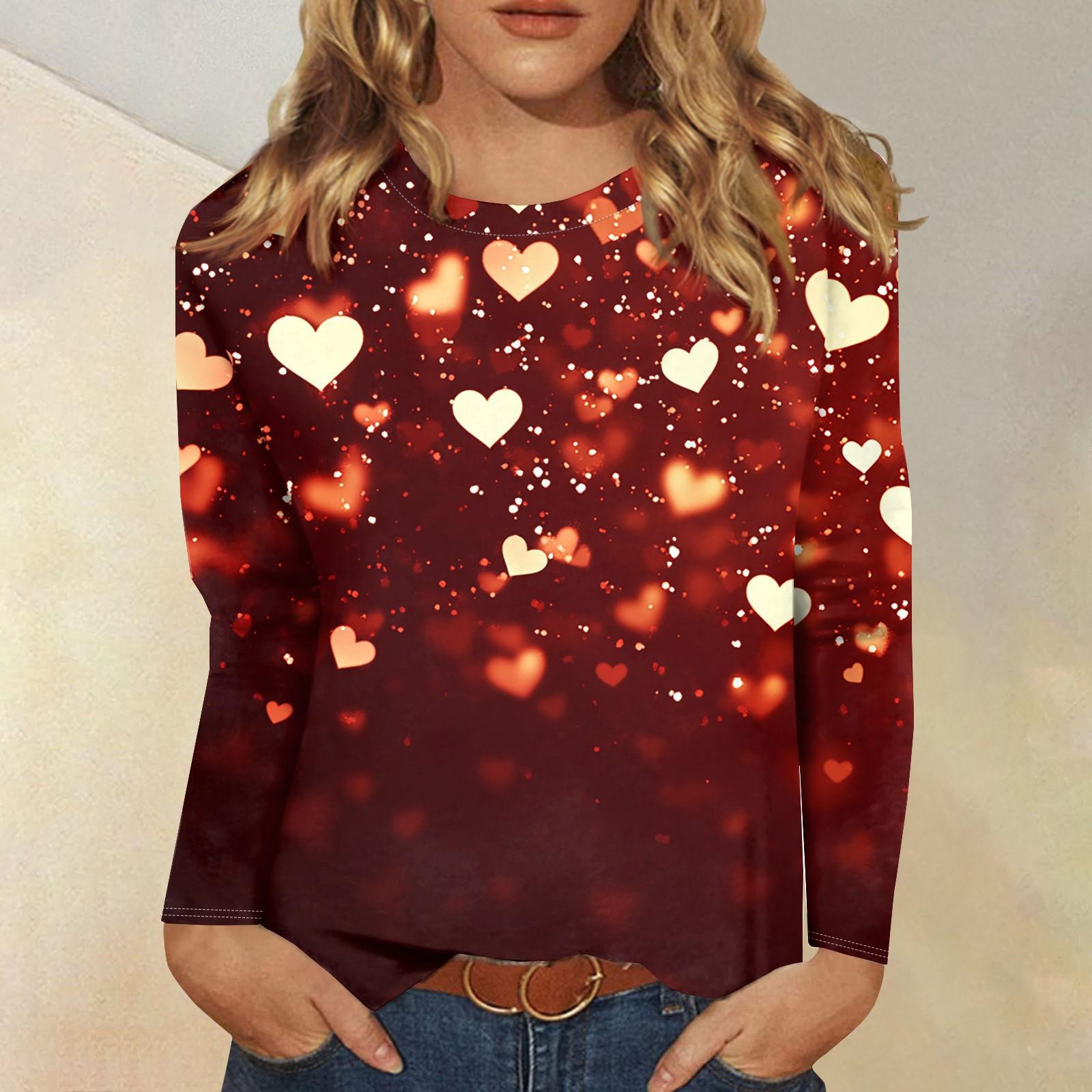 

Рубашки с длинным рукавом для женщин Милые принты Футболки Блузки Повседневные Большие размеры Базовые топы Пуловеры День святого Валентина M винный