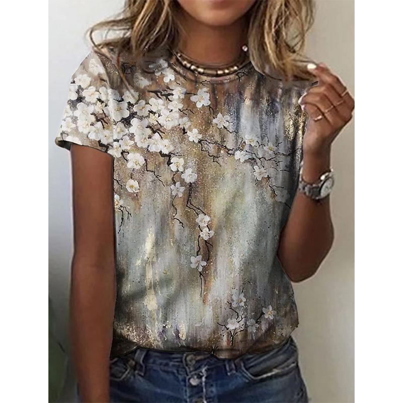 

Летняя футболка с цветочным 3D-принтом для женщин, уличная одежда, повседневная футболка с круглым вырезом, топ оверсайз в стиле Харадзюку, женская одежда 6XL