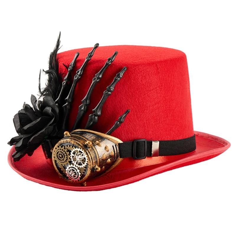 

Gothic Costume Accessory Hat With Skeleton Hand Feather Design Wool Top Hat For Theme Event Gathering Halloween Headwear червоний