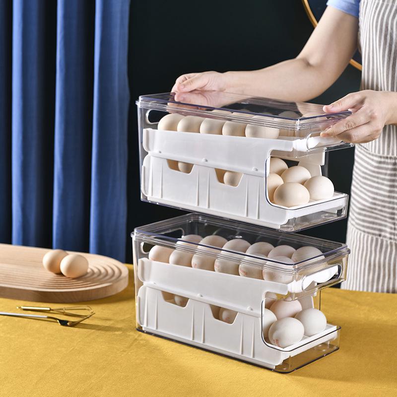 Stackable Double-Layer Slide-Out Egg Storage Box - Transparent, Shockproof, Quick-Freeze Refrigerator Organizer