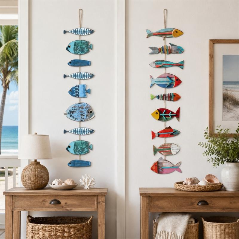 Fish Wall Hanging Sign Coastal Decors, Painted Wood Accent Sculpture with Distressed Finish for Bedroom Entryway Living Room