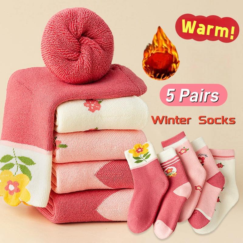 Girls Winter Socks 5 Pairs Baby Cute Princess Pink Thick Cotton Socks Children Warm Winter Socks 2-4 years old