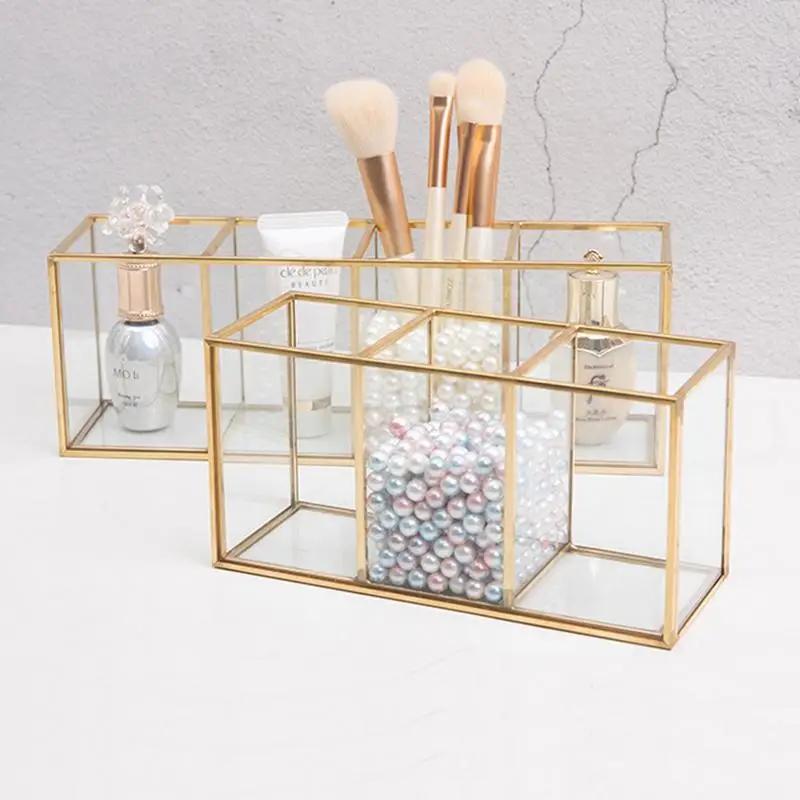 Gennemsigtig Glas Make-up Pensel Opbevaringsboks Guld Kosmetik Beholder Ring Blyant Læbestift Holder Make Up Pensler Organizer