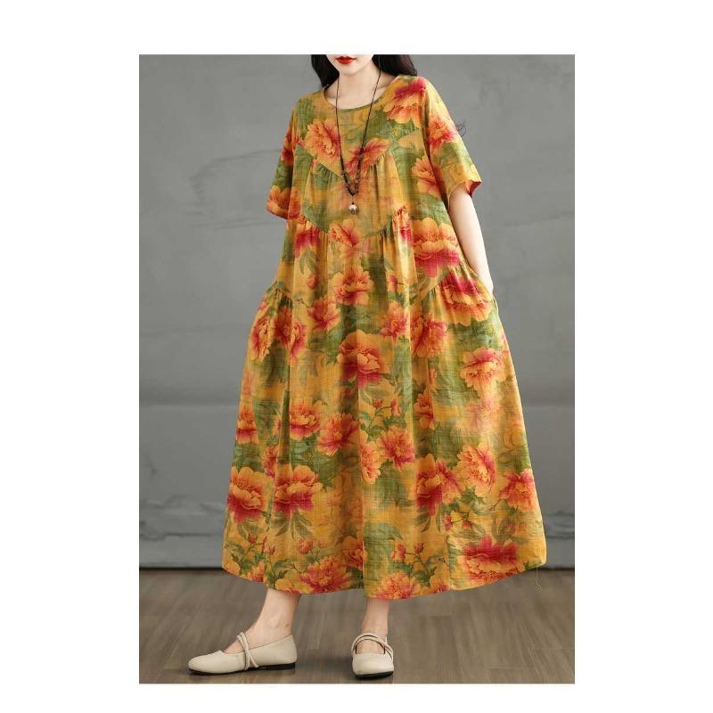 Summer Retro Cotton and Linen Round Neck Short Sleeved Dress, Women's Loose Skirt