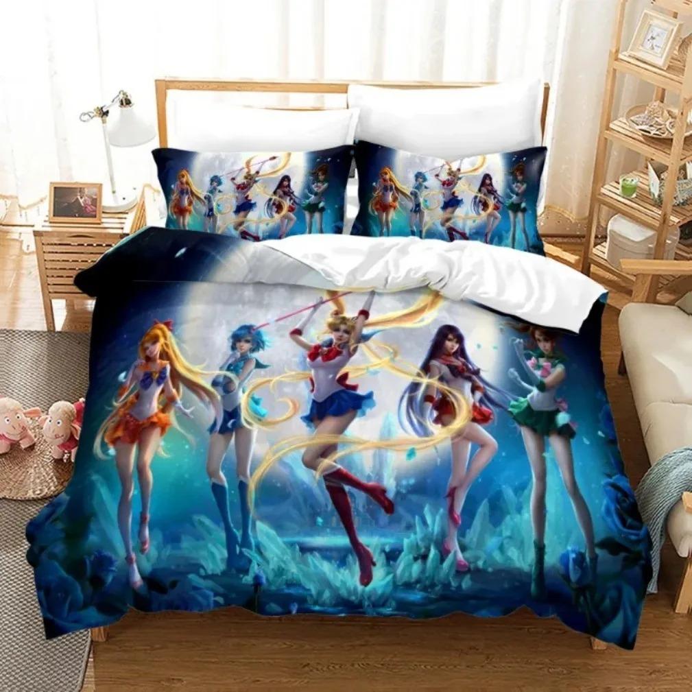 Set de lenjerie de pat Anime S-Sailor & M-Moon, Husă de plapumă, Plapumă, Set de pat, Husă de pilotă, Față de pernă, Mărime King, Queen, Twin, Băieți, Fete, Adulți