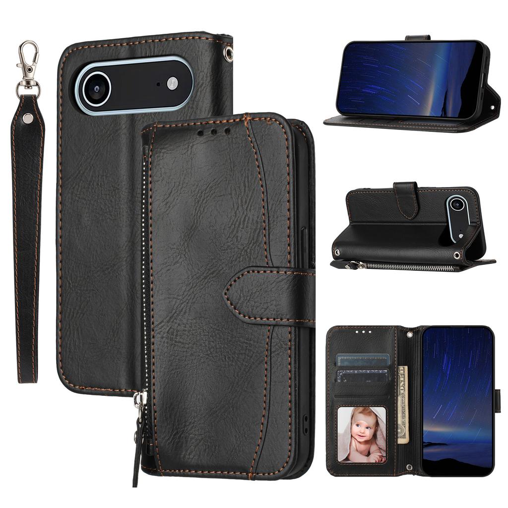 For iPhone 16 Pro Case Panda Imprint RFID Blocking Wallet Leather Phone Cover with Wrist Strap
