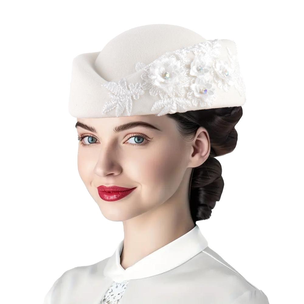 Felt Turban Hat Vintage Rhinestone Flower Church Beret Hats Women Stewardess Party Cosplay Cap Costume Accessory