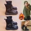 2025 Autumn/Winter Girls' Mid-Calf Leather Boots with Side Zipper and Velvet Lining