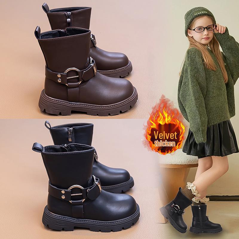 2025 Autumn/Winter Girls' Mid-Calf Leather Boots with Side Zipper and Velvet Lining