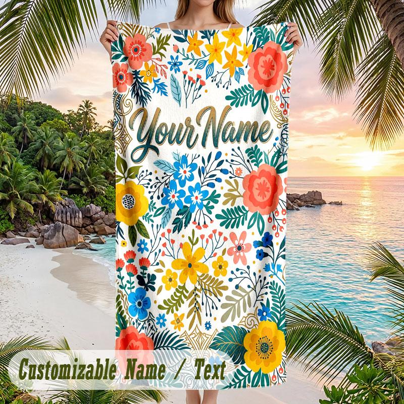 Floral Artwork 5 Theme Quick Dry Beach Towel Custom Name Text Print Large Sand Resistant Towel Beach Vacation