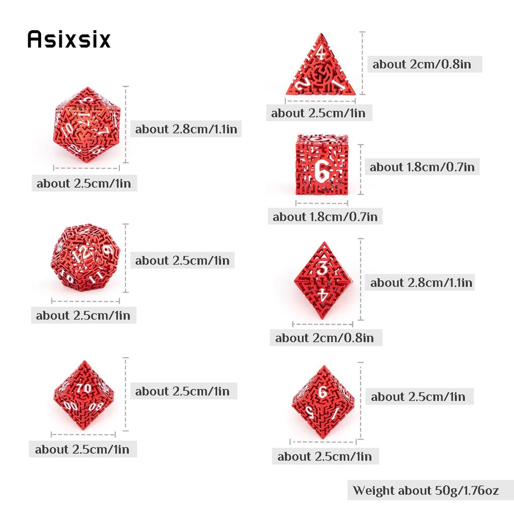 7 Pcs Red White Metal Dice Maze Hollow Metal Polyhedral Dice Set Suitable for Role-Playing RPG  Board Game Card Game