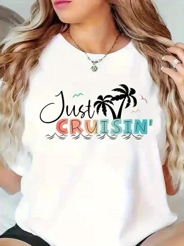 Tree Beach T Shirt Vacation Clothing Playful Graphic Tee Womens White Casual Short Sleeve TShirt Tropical Palm
