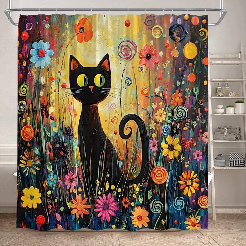 Funny Black Cat Shower Curtains Cute Animal Pet Floral Vintage Painting Art Modern Fabric Home Bathroom Decor Bath Curtain Set