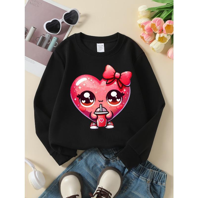 Kids Sweatshirt, Printed Round Neck Pullover, Cute Heart Character with Drink, Autumn And Winter ,Comfortable Warm Fashion Printed Top