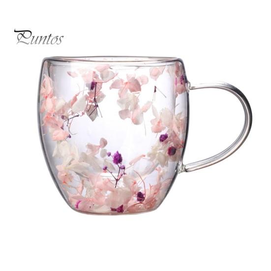 

Стеклянная кружка с двойными стенками и цветочным рисунком, 250 мл/350 мл, прозрачная эстетичная чашка для напитков с изолированной ручкой, украшение из настоящего цветка, двухслойное сохранение тепла 250ml C