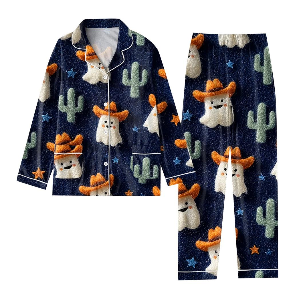 Women's 2 Piece Printed Suit Long Sleeve Button Up Top Wide Leg Pants Suit Set Pajamas Home Casual Suit