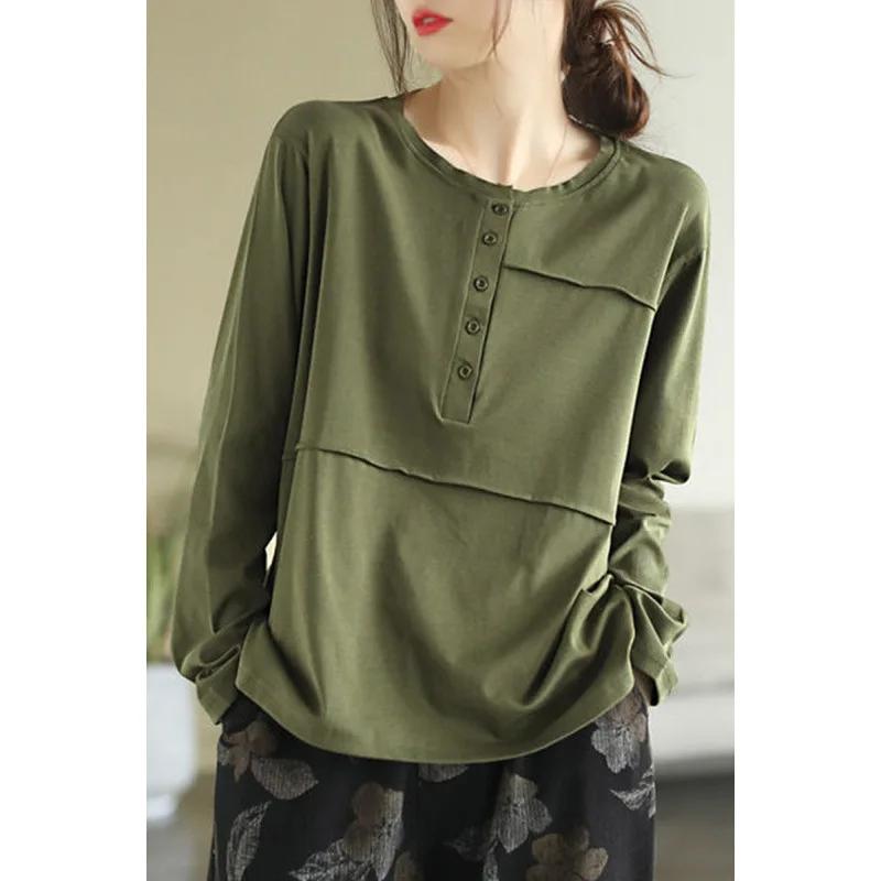 Retro Artistic Long Sleeve T Shirt Women's Casual Slim Fit Button Base Shirt Spring Autumn Arrival