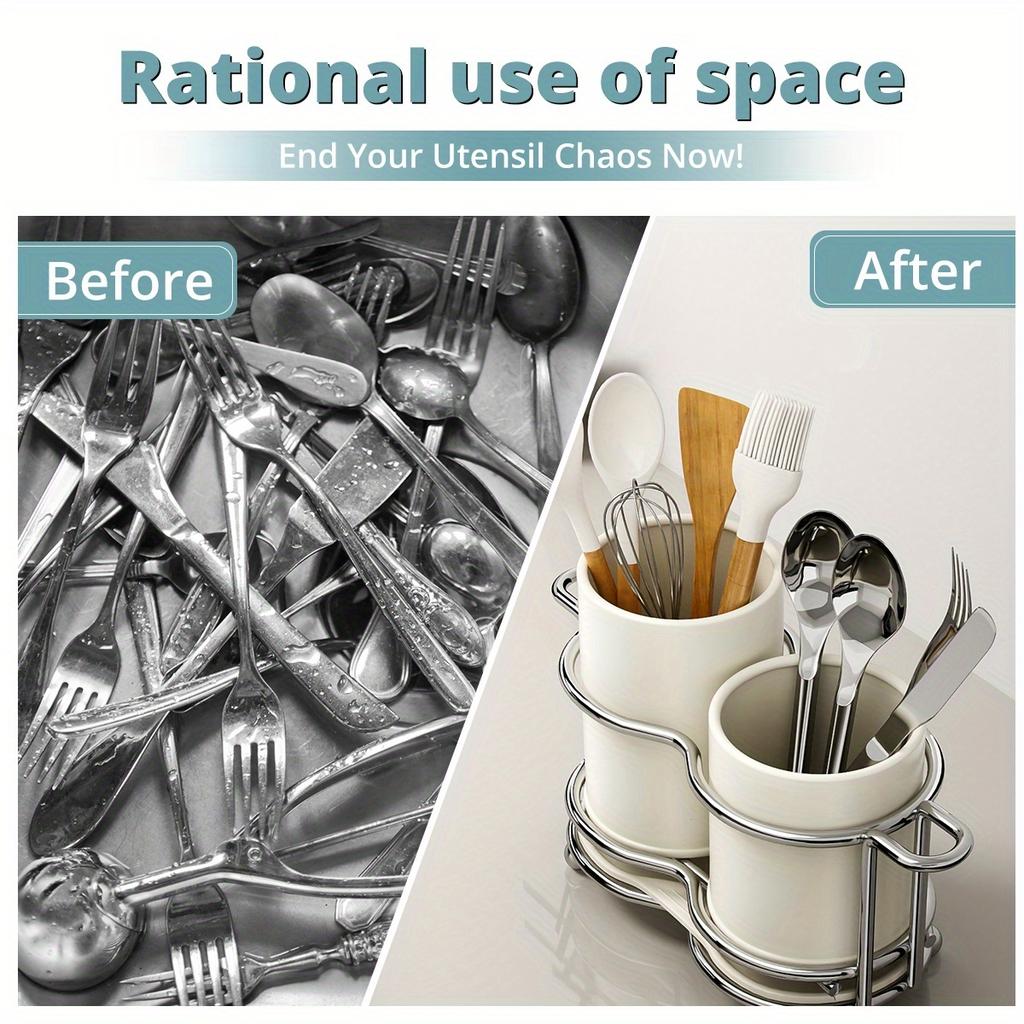 1 Piece of Utensil Rack, Silver Utensil Rack with a Metal Frame, Utensil Rack with 2 Compartments, Kitchen