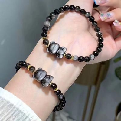 Natural Gold and Silver Shining Stone Bear Bracelet, Obsidian Girlfriend Personalized Bracelet, Men's and Women's Fashion