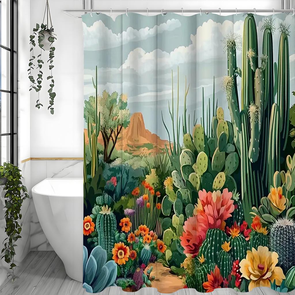 Tropical Cactus Design Shower Curtain, Succulent, Green Cactus Flower, Desert Landscape, Modern, Bohemian, Polyester, with Hooks