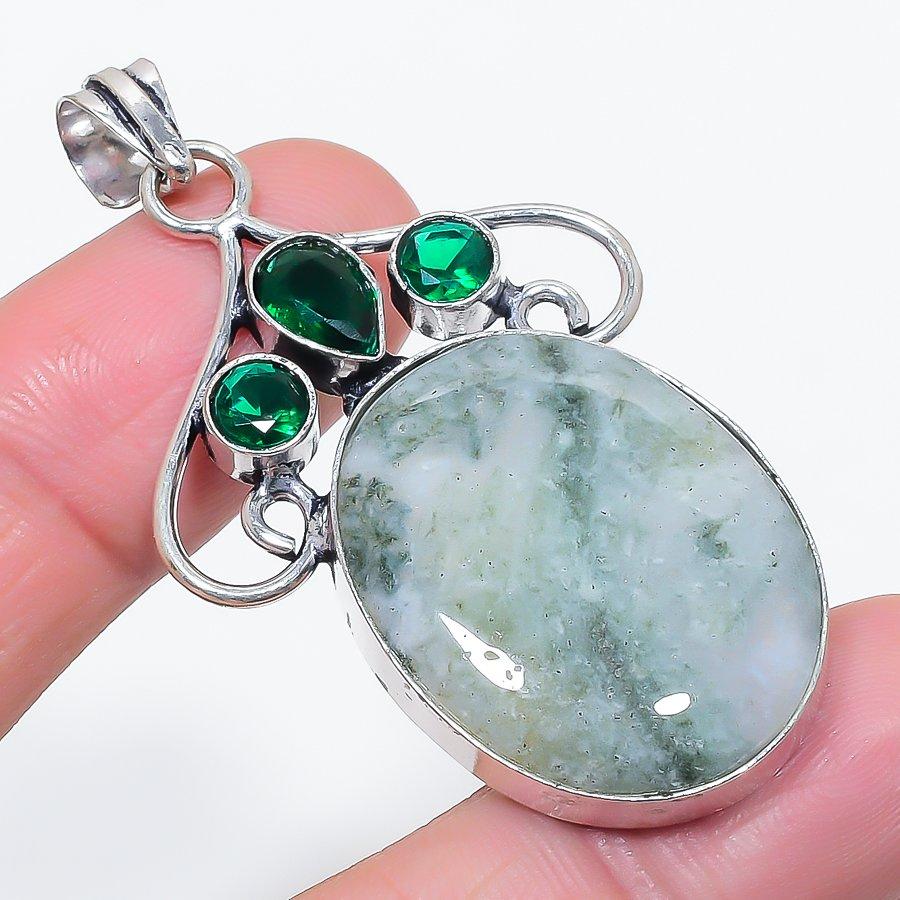 Natural Green Apatite, Diopside 925 Sterling Silver Jewelry Pendant 2.36" j9H05