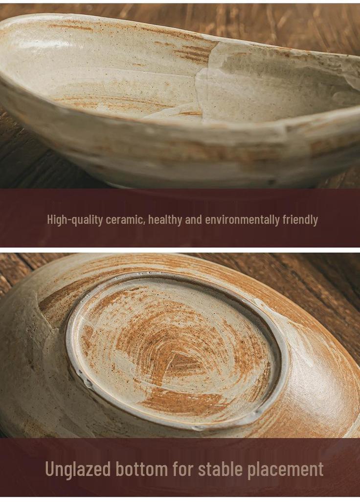 Japanese Coarse Pottery Oval Bowl: Elegant Tableware for Salad, Vegetables, Fruit, Noodles, or Soup.