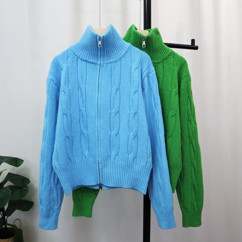 Thickened double zipper twist knitted cardigan autumn and winter new design soft waxy gentle wind sweater jacket women