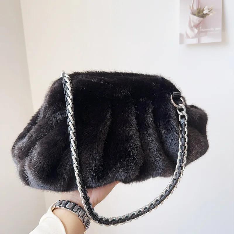 

Fluffy Plush Dumpling Bag Faux Fur Bags for Women Handbags Faux Mink Fur Pouch Ruched Shoulder Bag Winter Warm Soft Cloud Clutch 34x15x16cm