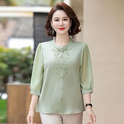 Women's Round Neck Half Sleeve Frog Button Floral Butterfly Embroidery Loose Blouse Light Green Casual Top