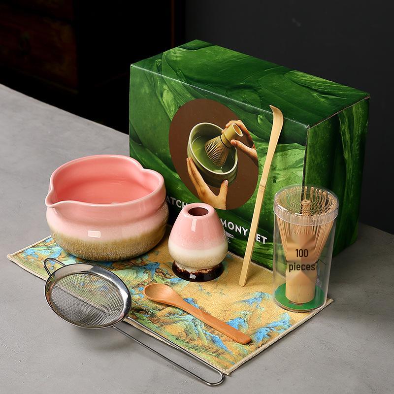 Japanese Heart-shaped Matcha Bowl Set with Whisk and Brush for Tea Ceremony