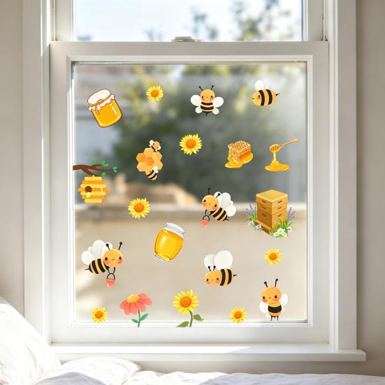 Spring Summer Bee Window Clings Honey Bee Static Glass Stickers Sunflower Honeypot Bee Removable Decals for Home Party Shop Glass Decor