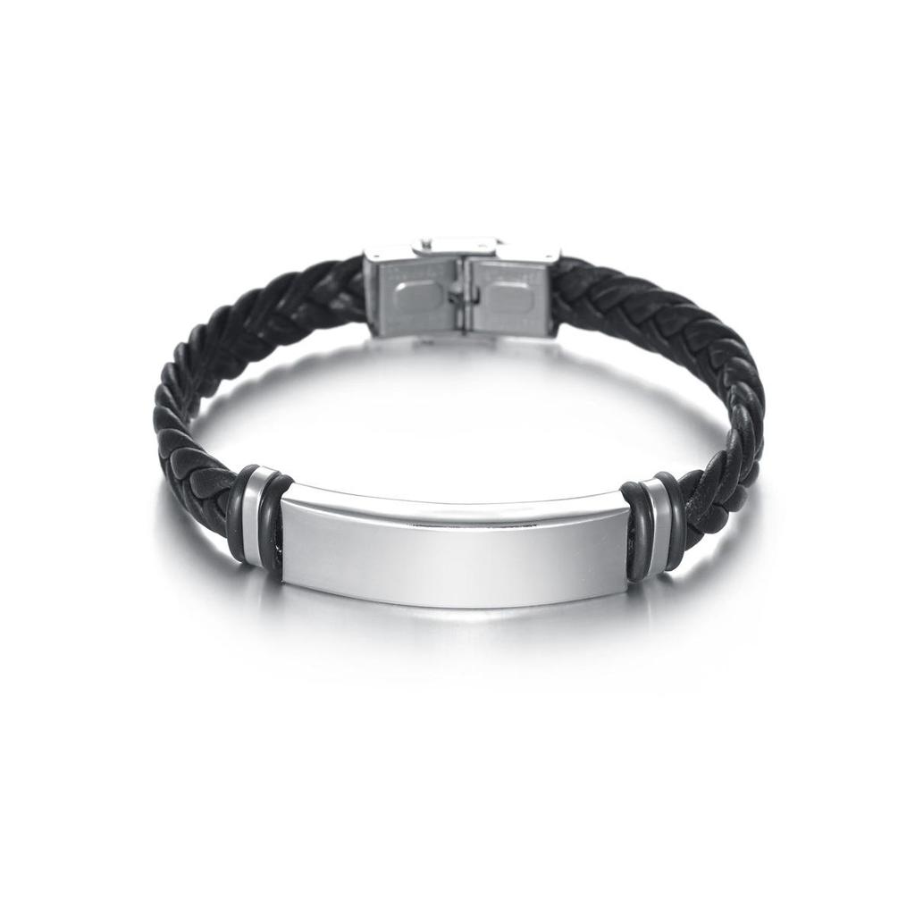 European & American Minimalist Braided Leather Bracelet with Engravable Stainless Steel Plate