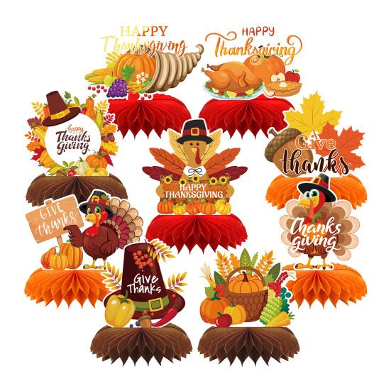 9 Pcs Fall Honeycomb Centerpieces Thanksgiving Paper Pumpkin Maple Leaf Turkey 3D Honeycomb Table Decoration for Autumn Harvest Party Favors