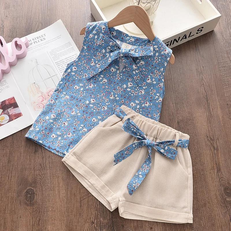Girls Clothing Sets  Summer Kids Clothes Floral Chiffon Halter+ Embroidered Shorts Straw Children Clothing