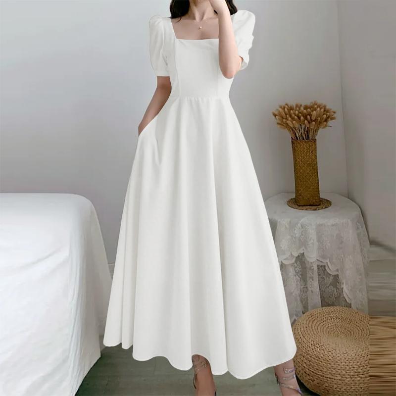 ZANZEA Women Casual Square Collar Elegant Short Sleeve Long Dress