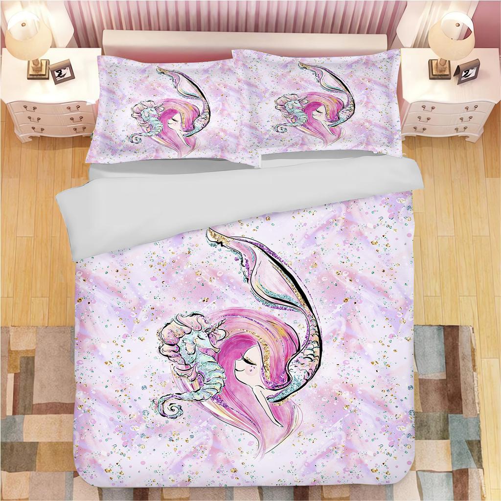 Mermaid Duvet Cover Cartoon Set Bedding, Cute Printed Cartoon Quilt Cover Comforter Sets Home Bedroom Decoration