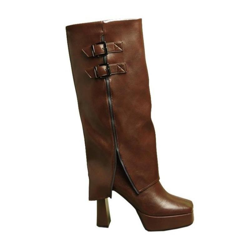 Winter Platform Thick Heel Woman Knight High Boots Fashion Belt Buckle Slip On Shoes Ladies Punk Style Modern Long Botas