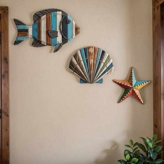 3Pcs/Set Ocean Theme Wall Decoration Wooden Fish Shell Starfish Wall Art Farmhouse Home Living Room Bathroom Nautical Coastal Hanging Ornament