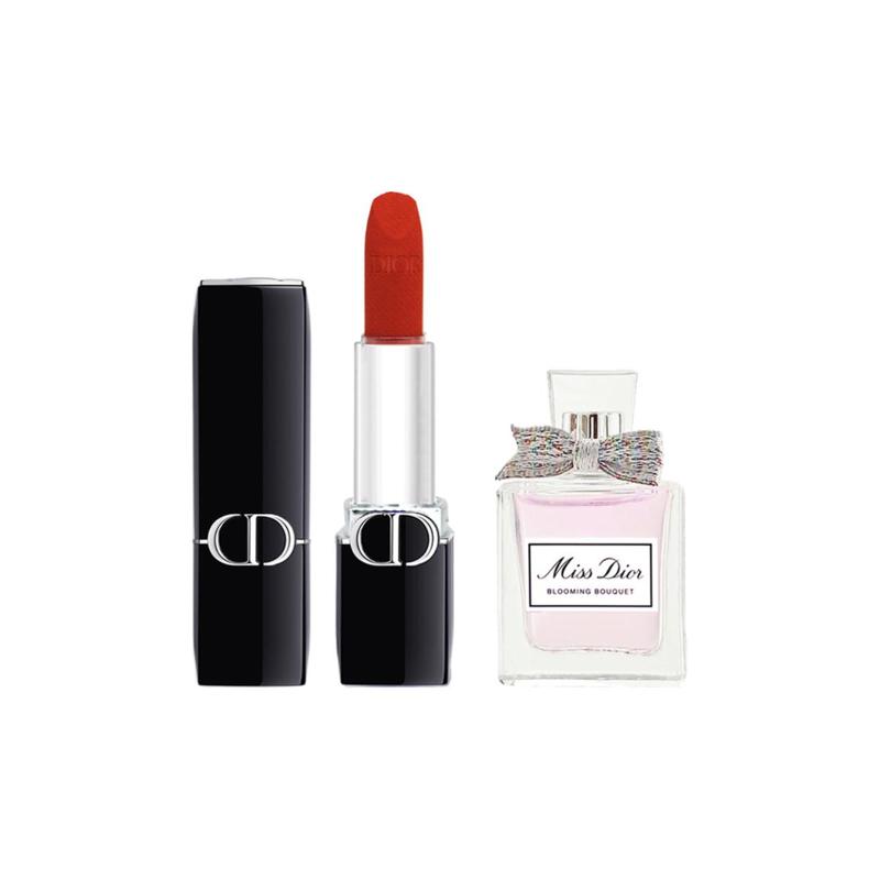 DIOR Perfume Vibrant Blue Gold Lipstick Sample Makeup Trial Set Velvet Satin Brightening Color Lasting #velvet777 + flowery eau de toilette 5ml синий